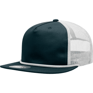 A high-profile relaxed trucker cap with a dark green front and white mesh panels, featuring a rope detail.