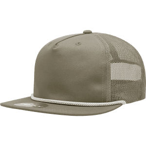 A high-profile, relaxed trucker cap in olive green with a mesh back and a decorative rope detail.