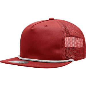 A red 5 panel high profile relaxed trucker cap featuring a mesh back and a decorative rope detail.