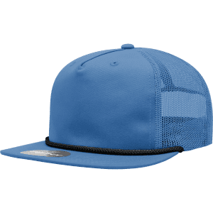 A blue high-profile relaxed trucker cap with a mesh back and a black rope detail along the front. Features a logo.