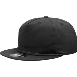 A high-profile relaxed rope hat in black with an adjustable strap and a branding logo.