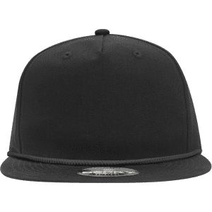 A black 5 Panel High Profile Relaxed Rope Hat with a flat peak and a logo on the front.