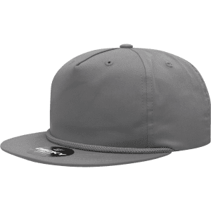 A grey 5-panel high profile relaxed rope hat with a flat brim and a logo.