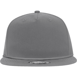 A grey high-profile 5-panel rope hat with a flat brim and a logo on the front.