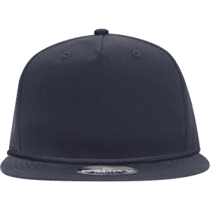 A high-profile, relaxed 5-panel rope hat in navy blue with a round top and flat brim. Features a logo on the front.
