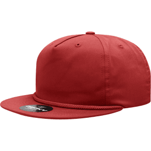 A red 5-panel high profile relaxed rope hat with a flat brim and a logo on the front.