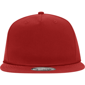 A red 5 panel high profile relaxed rope hat with a flat brim and a logo on the side.