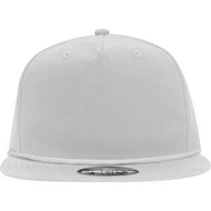 A white 5 panel high profile relaxed rope hat with a decorative rope detail and a logo on the front.