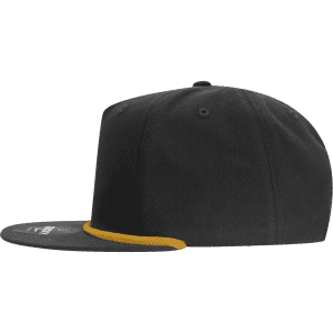 A black 5 panel high profile relaxed rope hat with a yellow rope detail along the brim and a logo.
