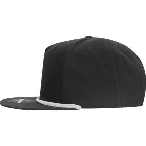 A black 5 Panel High Profile Relaxed Rope Hat featuring a white rope detail and a logo on the side.