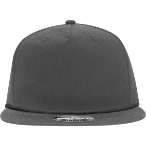 A grey high profile relaxed rope hat featuring a flat brim and a logo on the front.