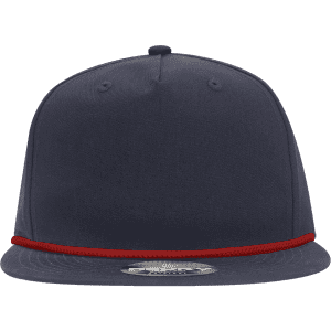 A navy blue high-profile hat with a red rope detail along the brim. It features a branded logo.