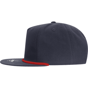 A navy blue 5 Panel High Profile Relaxed Rope Hat featuring a red rope detail and a logo.