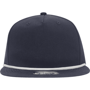 A navy blue, 5-panel high profile relaxed rope hat with a white rope detail and a logo on the front.