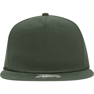 A high profile relaxed rope hat in olive green with a flat brim and a logo.