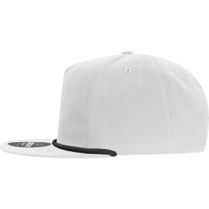 A white high-profile relaxed rope hat featuring a black rope accent along the brim and a logo on the front.