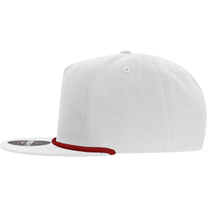 A white 5 panel high profile relaxed rope hat with a red rope detail along the brim and a logo on the side.