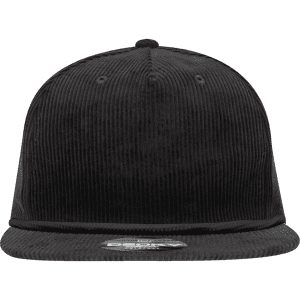 A black 5 Panel High Profile Relaxed Rope Hat with a corduroy texture and a branding logo on the front.