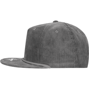 A grey corduroy 5 Panel High Profile Relaxed Rope Hat with a flat brim and logo detail.
