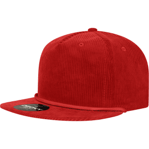 A red, corduroy 5-panel high profile relaxed rope hat with a flat brim and a logo.