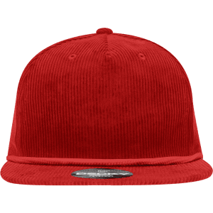 A red, corduroy, high-profile relaxed rope hat featuring a logo on the front.