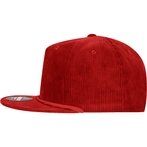A red 5 panel high profile relaxed rope hat with a textured finish and a curved brim. Features a logo on the front.