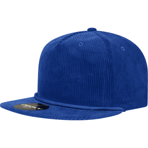 A blue corduroy 5 Panel High Profile Relaxed Rope Hat featuring a flat brim and an attached logo.
