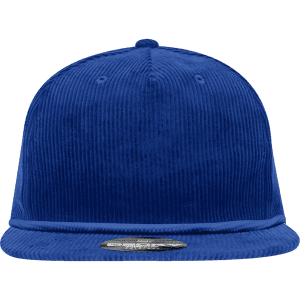 A blue 5 Panel High Profile Relaxed Rope Hat featuring a textured corduroy material and a logo.