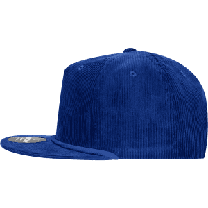 A blue corduroy hat with a high profile and relaxed fit, featuring a loop on the top and a logo.