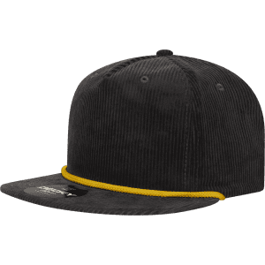 A high-profile, relaxed black corduroy hat with a yellow rope detail and a logo on the front.