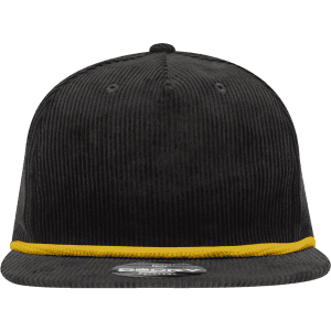 A black high-profile relaxed rope hat with a yellow accent around the brim. It features a logo on the front.