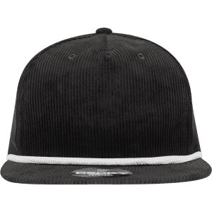 A black 5 panel high profile relaxed rope hat with a white trim and a logo on the front.