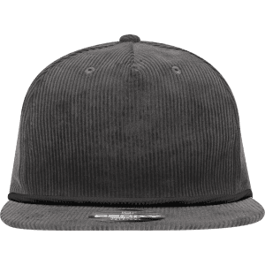 A grey corduroy 5 Panel High Profile Relaxed Rope Hat with a branded logo.