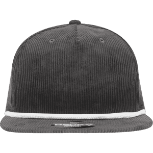 A high-profile, relaxed grey corduroy hat featuring a white rope detail and a logo on the front.