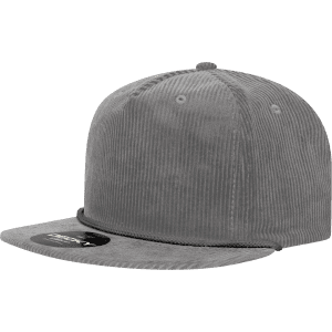 A grey corduroy five-panel high profile relaxed rope hat with a branded logo on the front.