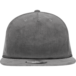 A high-profile, relaxed rope hat in grey corduroy, featuring a branding logo on the front.