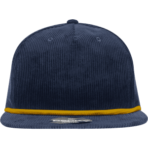 A navy blue 5 panel high profile relaxed rope hat with a yellow trim and a logo on the front.