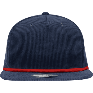 A high profile, relaxed rope hat in navy blue with a red rope detail and a logo on the front.