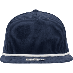 A high-profile, relaxed navy corduroy hat with a white rope detail and a logo on the front.