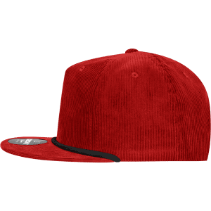 A red, five-panel high profile relaxed rope hat with a black brim and a logo on the side.