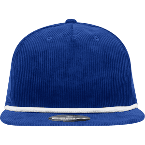 A blue corduroy 5 Panel High Profile Relaxed Rope Hat with a white trim and a logo on the front.