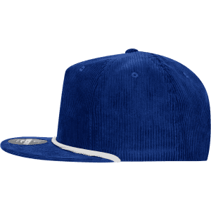 A blue corduroy 5 Panel High Profile Relaxed Rope Hat with a white trim and a logo.