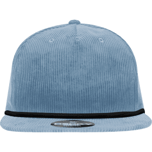 A blue corduroy high-profile relaxed rope hat with a black trim and a branded label.