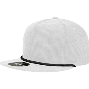 A white high-profile relaxed rope hat with a black braided band and a branded badge on the front.