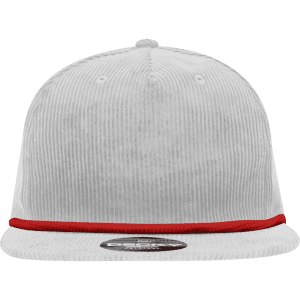 A white 5 panel high profile relaxed rope hat with a red accent and a logo on the front.