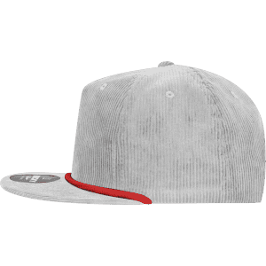 A grey corduroy hat with a red trim and a logo on the front, featuring a high-profile design.