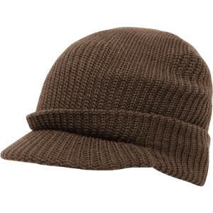 A brown knitted hat with a small brim, featuring a textured pattern and an oversized style.