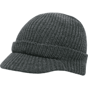 A grey knitted beanie with a curved brim, featuring a textured pattern and a snug fit.