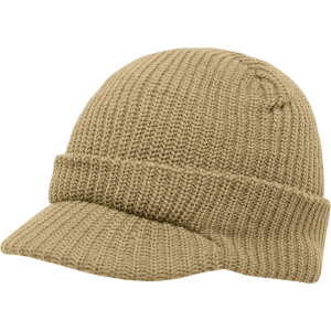 A tan knitted cap with a curved brim, featuring a textured design and a ribbed band. It has a small logo.