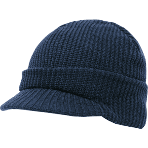 A knitted navy blue beanie hat with a small brim and ribbed texture.
